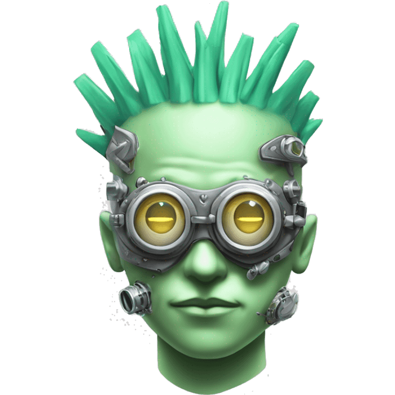 Pastel green Mohawk cyborg head with silver steampunk goggles emoji