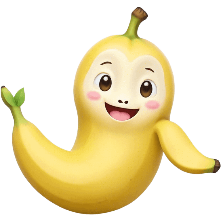 Cute Kawaii Banana, slightly curved, soft pastel yellow, cute giggling face with big round eyes, tiny arms waving happily, a peeled section revealing a smiling expression! emoji