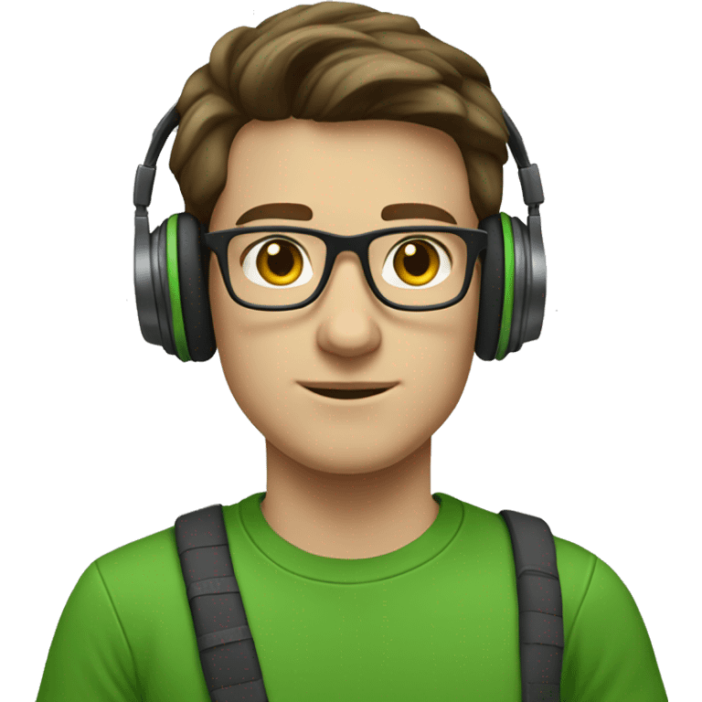 white young man with medium brown hair and square glasses wearing green t-shirt with laptop and headphones emoji