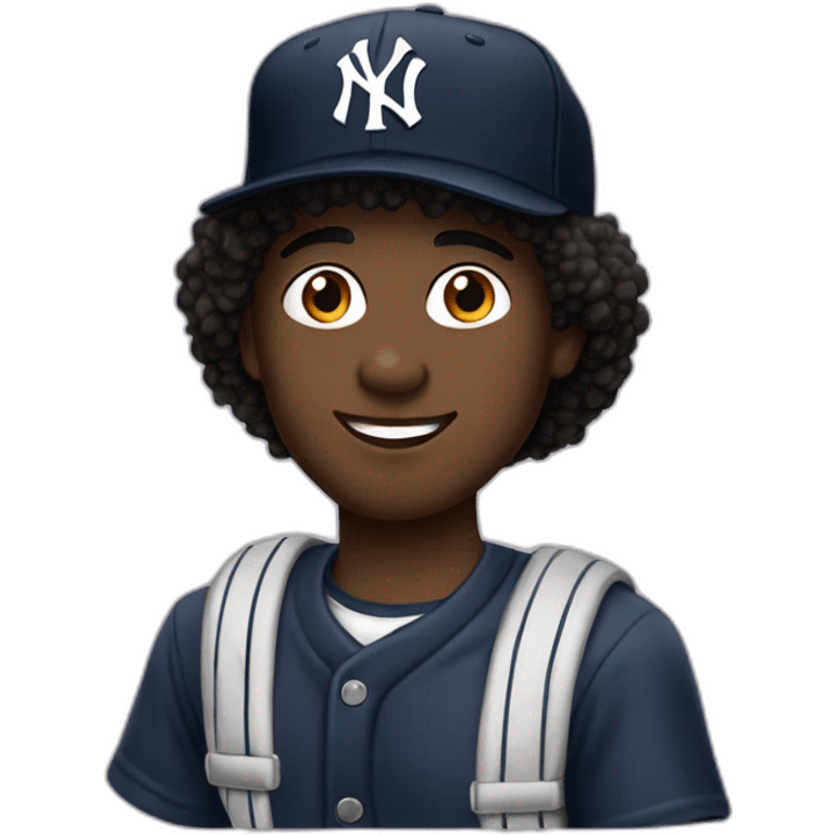 20yo black and curly hair man with a MacBook and a yankees cap emoji