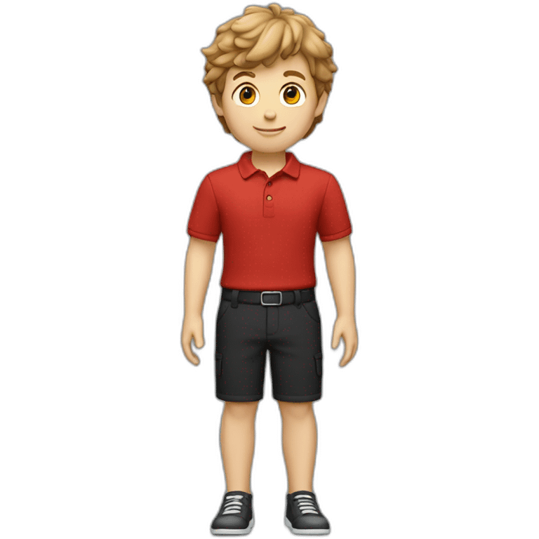 Caucasian-boy-child-shaggy-light-brown-hair-red-polo-shirt-black-trousers emoji