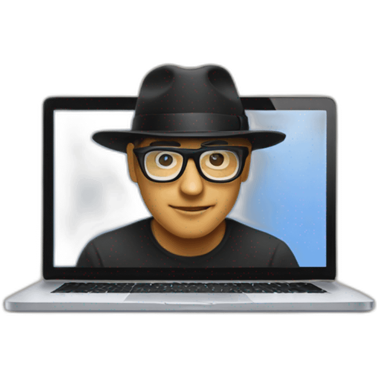 programmer emoji with macbook laptop using glasses and wearing black hat emoji