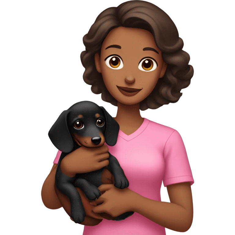 a brunette woman in a pink shirt, with light skin, holding black dachshund puppy in her arms lovingly emoji