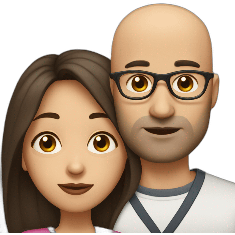 dark brown haired woman without glasses kissing bald man with glasses emoji