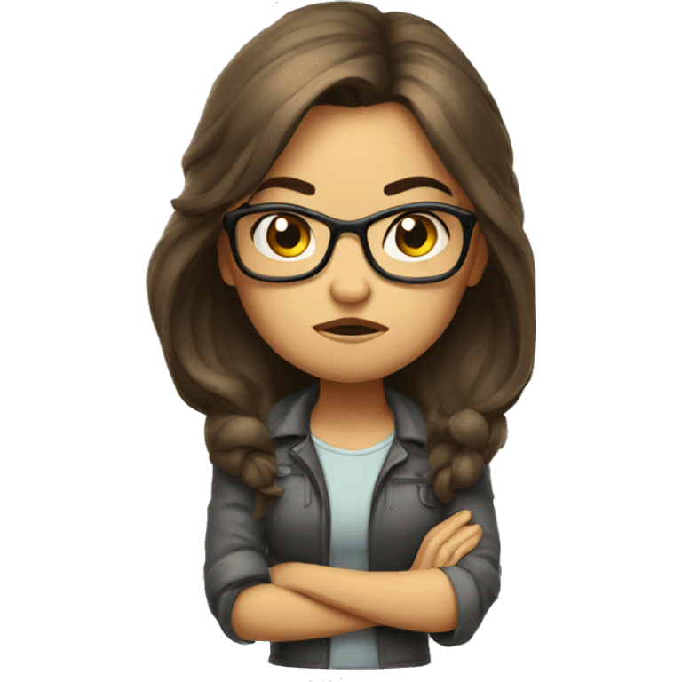 Angry scowling girl, long hair, wearing glasses, with arms crossed over chest. emoji