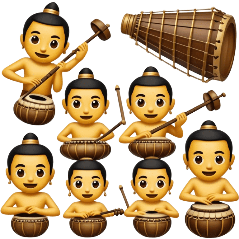 Cinematic Realistic Gamelan Pop Culture Emoji, depicted with an ensemble of traditional Indonesian instruments rendered with rich textures and rhythmic, cultural lighting. emoji