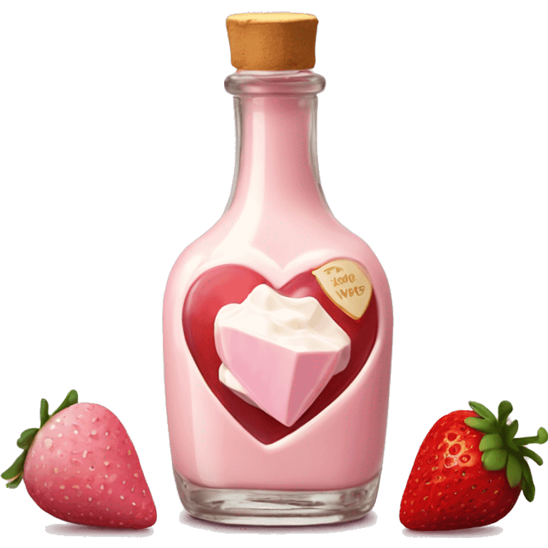 Antique heart-shaped bottle with butter, made of red crystal and crystals, white cream and pink strawberry milk pour from the bottle emoji