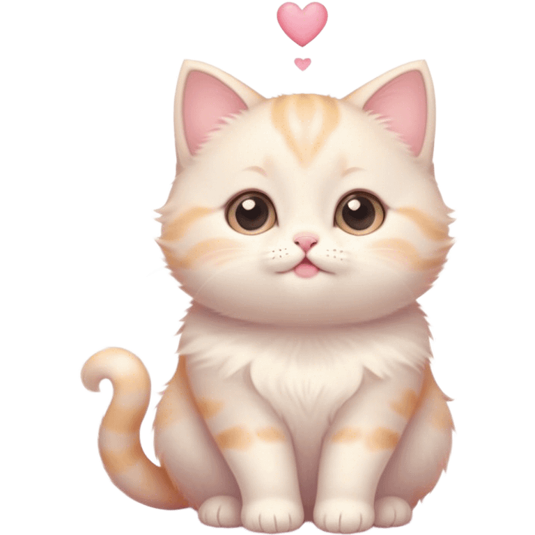 Cinematic chubby pastel kitten, big round eyes full of wonder, tiny paws reaching up, soft fluffy fur glowing in warm light, delicate heart-shaped nose, irresistibly cute and snuggly. emoji