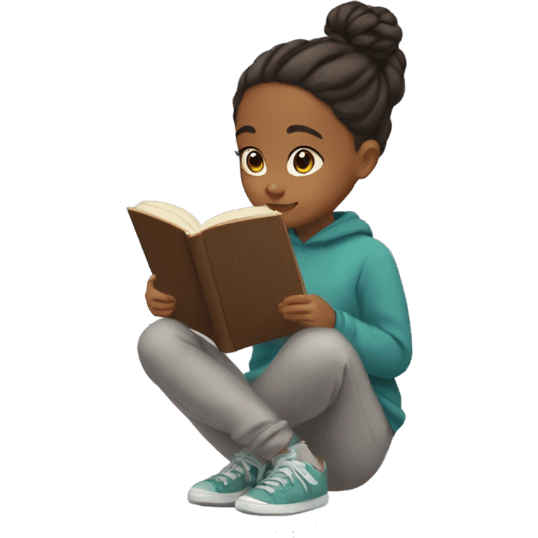 Girl with bun and in sweatshirt and sweatpants reading a book emoji