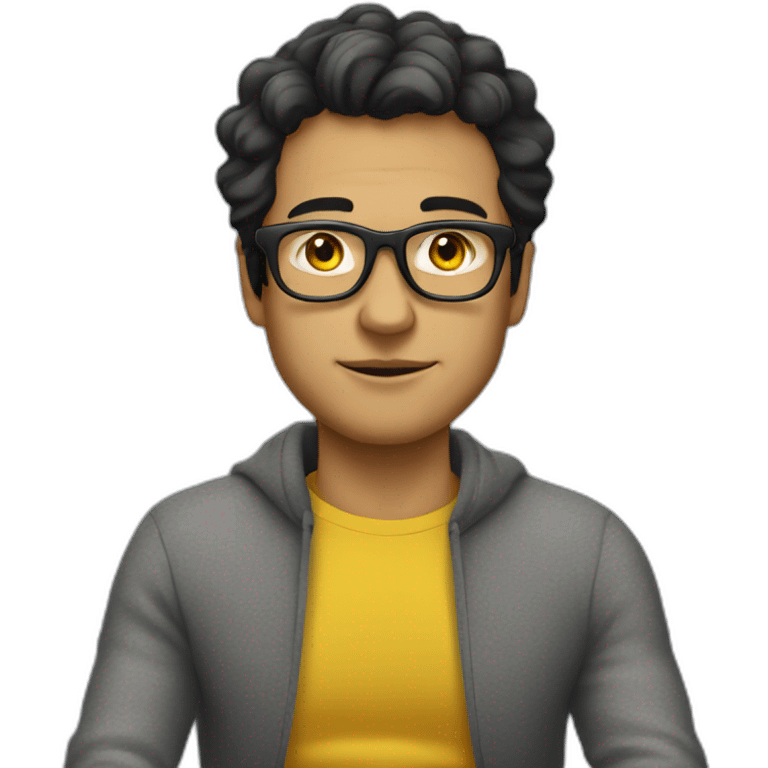 White man with yellow tinted glasses and black hair in a gray jumper and sitting on a chair emoji