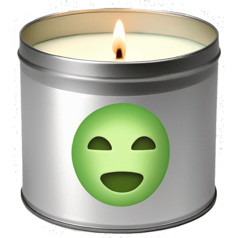 realistic lit matcha scented candle in a silver tin with a small white label that says ‘matcha’ emoji