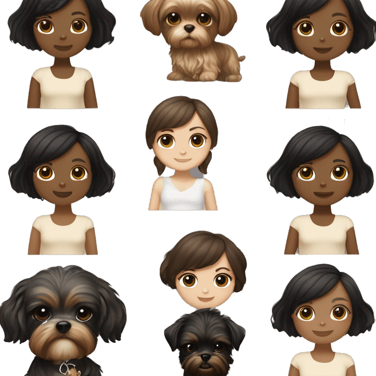 Dark brown hair beige skin girl holding a Yorkie Shih Tzu puppy black and beige￼ emoji