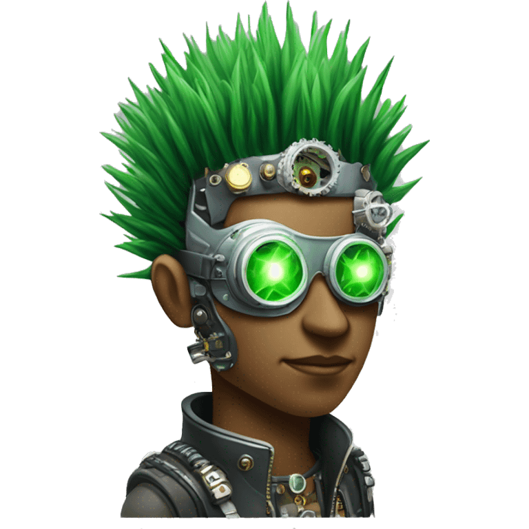 Green Mohawk hair male cyborg head with white steampunk goggles and circuits emoji