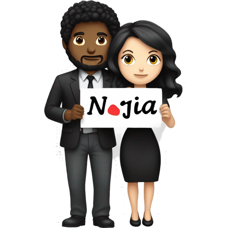 White woman with black hair and man with black hair huging holding sign Nafija i Jakov 4ever emoji