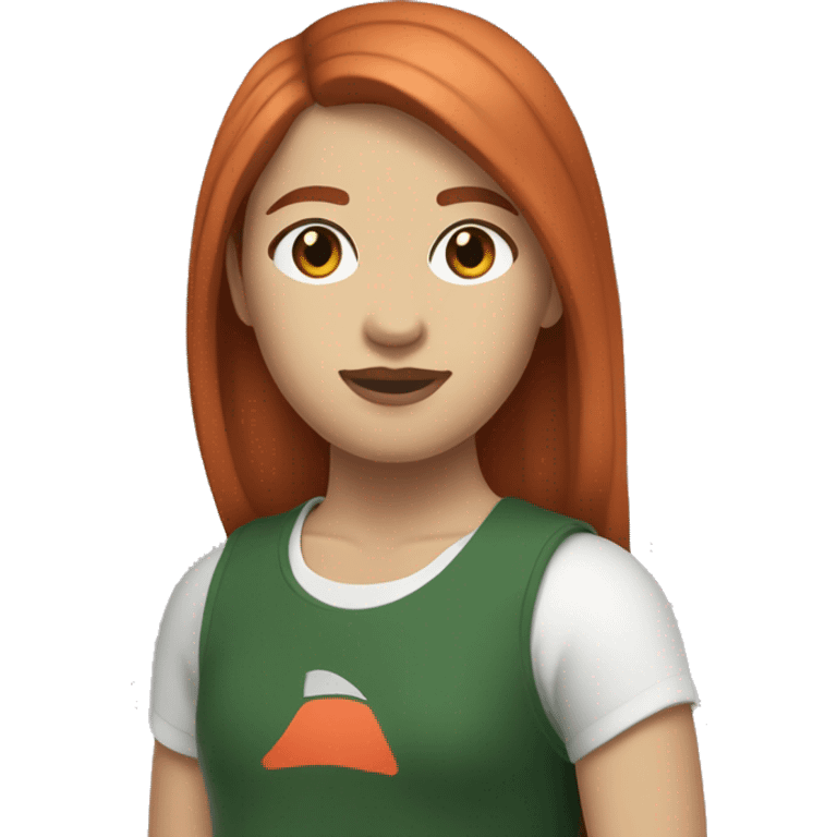 a red haired girl with straight hair brown eyes with black leggings what a green crew neck on wearing nike socks and birkenstocks emoji