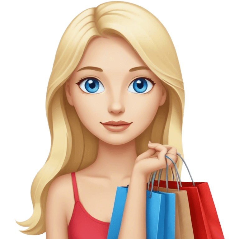 Cinematic realistic blonde with long hair, blue eyes goes shopping in her hands emoji