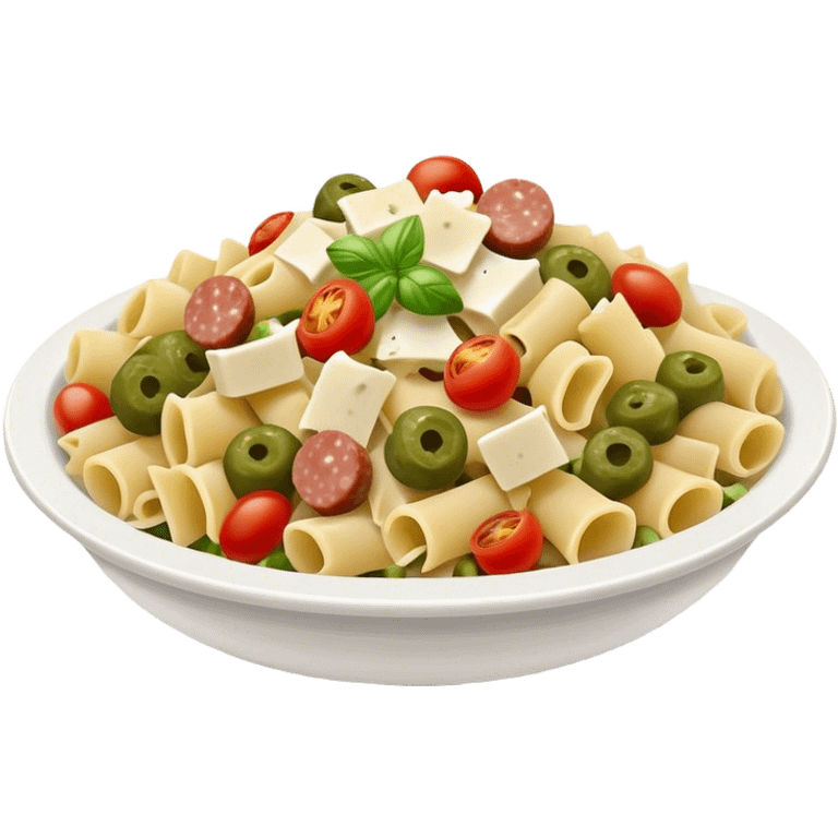 Pasta salad with chopped sausage, chopped gherkins, chopped cocktail tomatoes and mayonnaise  emoji