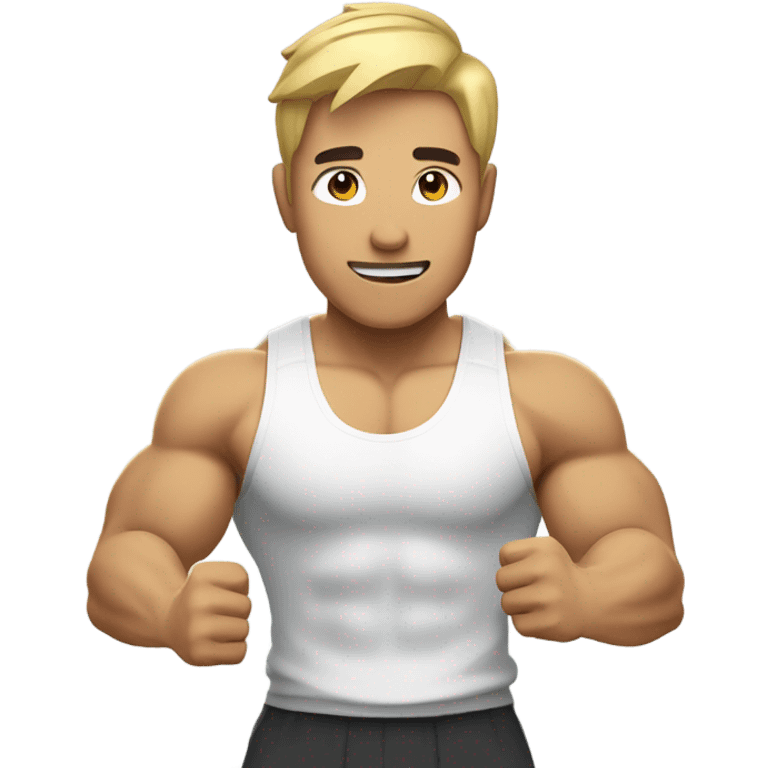 asian personal trainer short golden hair white vest man flexing bicep emoji