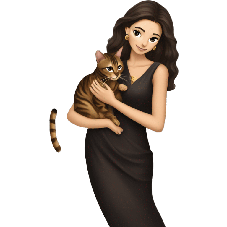 Beautiful skinny woman long dark brown hair in dark dress with gold earrings hug bengal cat emoji