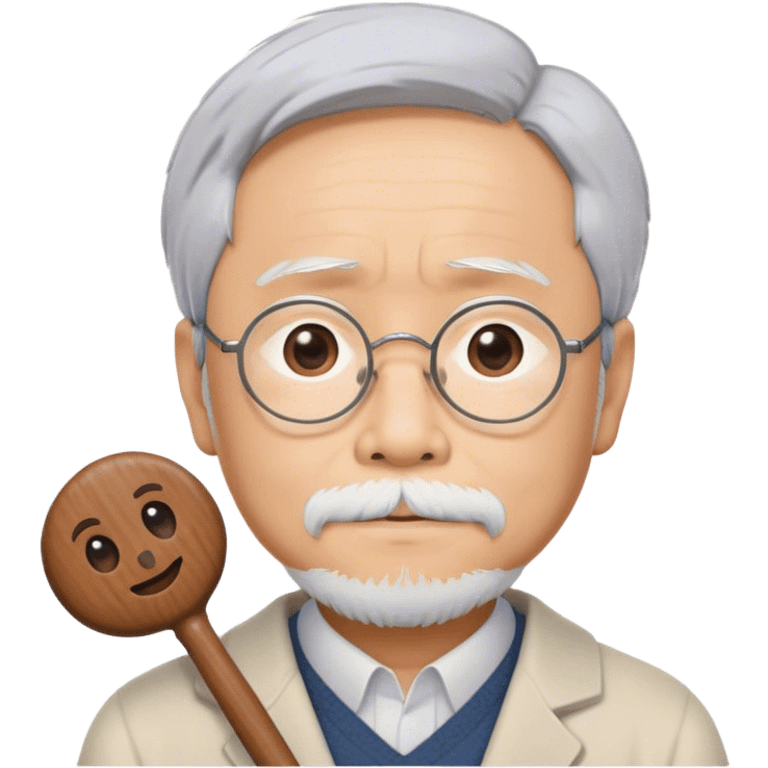 Cinematic Realistic Hayao Miyazaki Portrait Emoji, depicted as a visionary filmmaker with a gentle imaginative expression and artistic flair, rendered with delicate textures and soft enchanting lighting that captures his legendary storytelling. emoji