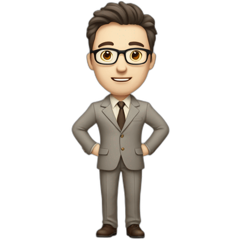 Full height Actively Gesturing Pale skinned fit man with dark brown hair in gray jacket, beige office shirt, brown tie, brown pants and vintage glasses. emoji