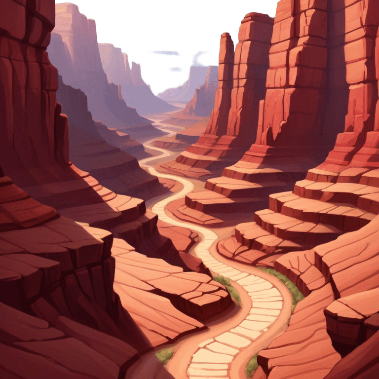 Cinematic Realistic Canyon Emoji, Vast and rugged, with deep red rock formations and winding paths leading down to a dry, dusty floor. Sunlight casts long shadows across the craggy surfaces, highlighting the layers of ancient rock. Soft glowing outline, capturing the essence of dramatic beauty and ancient history in a mighty canyon. emoji