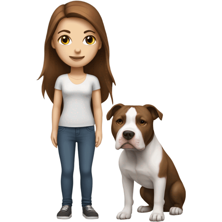 white woman with straight long brown hair standing alongside a white pitbull emoji