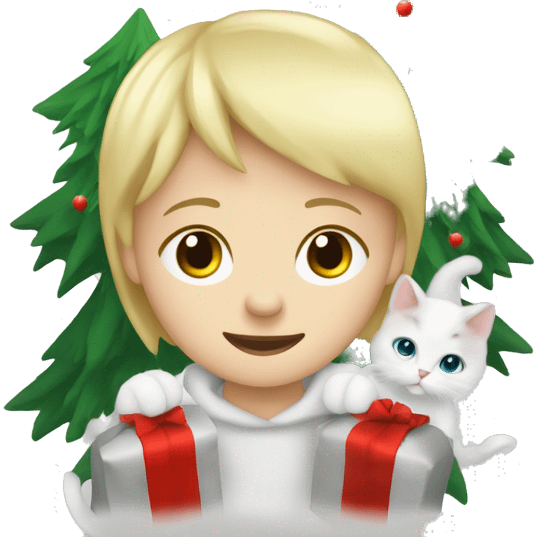 Blond kid with two white Sibirien cats next to a Christmas tree emoji