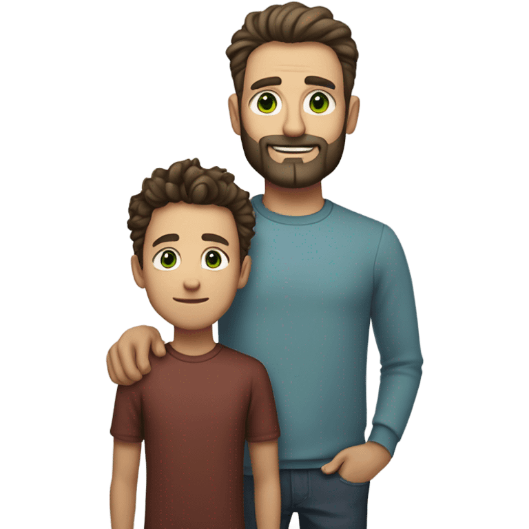 Handsome Father 40s green eyes with short full beard with Son 13s tousled bedhead look both has brunette hair light skin arms on shoulder portrait emoji