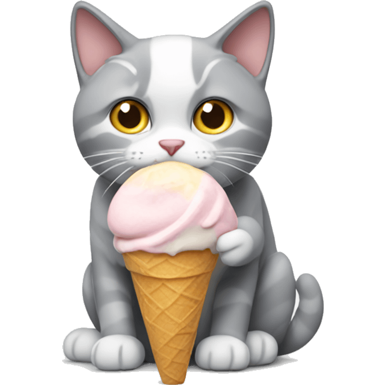 Grey and white cat eating ice cream emoji