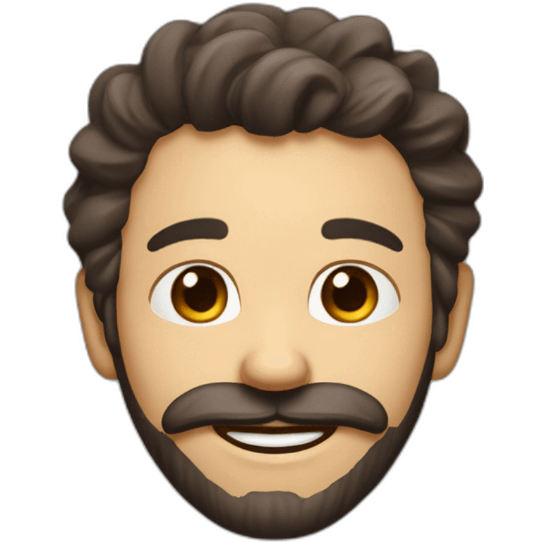 His lips curled upward and his eyes open wide. He has a brown facial hair, possibly a beard or goatee, and appears to have dark hair. His smile gives off a friendly and approachable vibe. emoji