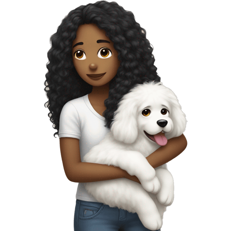 A girl with long black curly hair, hugging a big white fluffy dog  emoji