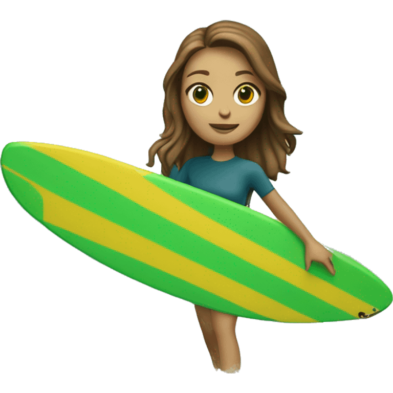 brown hair white girl surfing green yellow surf board in ocean emoji