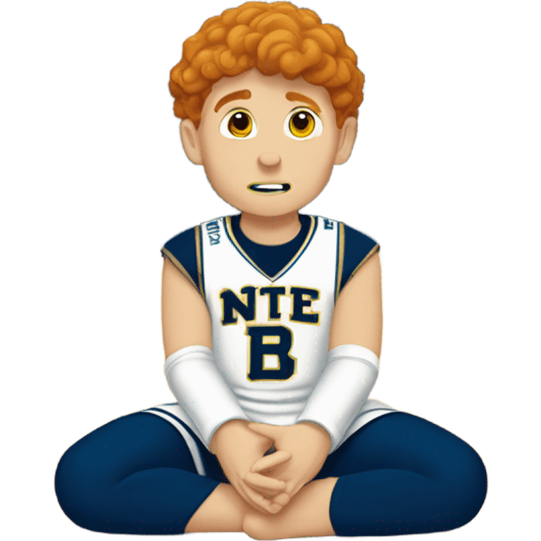 Red headed white boy in a notre dame basketball jersey praying emoji