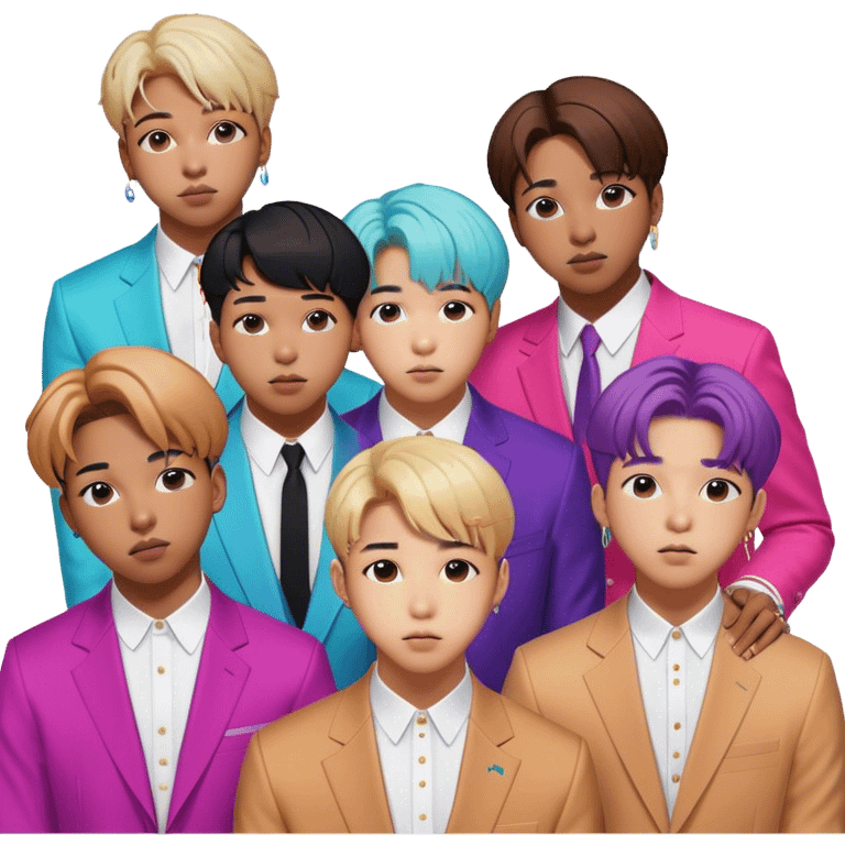 Cinematic Realistic group portrait of BTS featuring all 7 members in stylish modern attire, with detailed facial expressions and vibrant colors, captured in dynamic, contemporary lighting that emphasizes their global pop icon status emoji