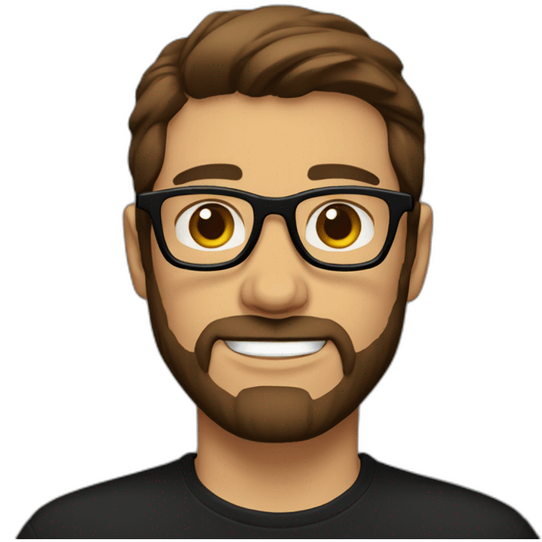 Short brown slicked hair, brown glasses, 3-day beard, black t-shirt. emoji