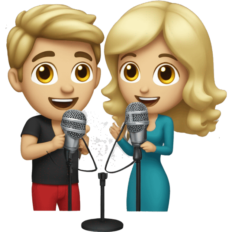 Brunette male with blond female singing into a microphone for Christmas emoji