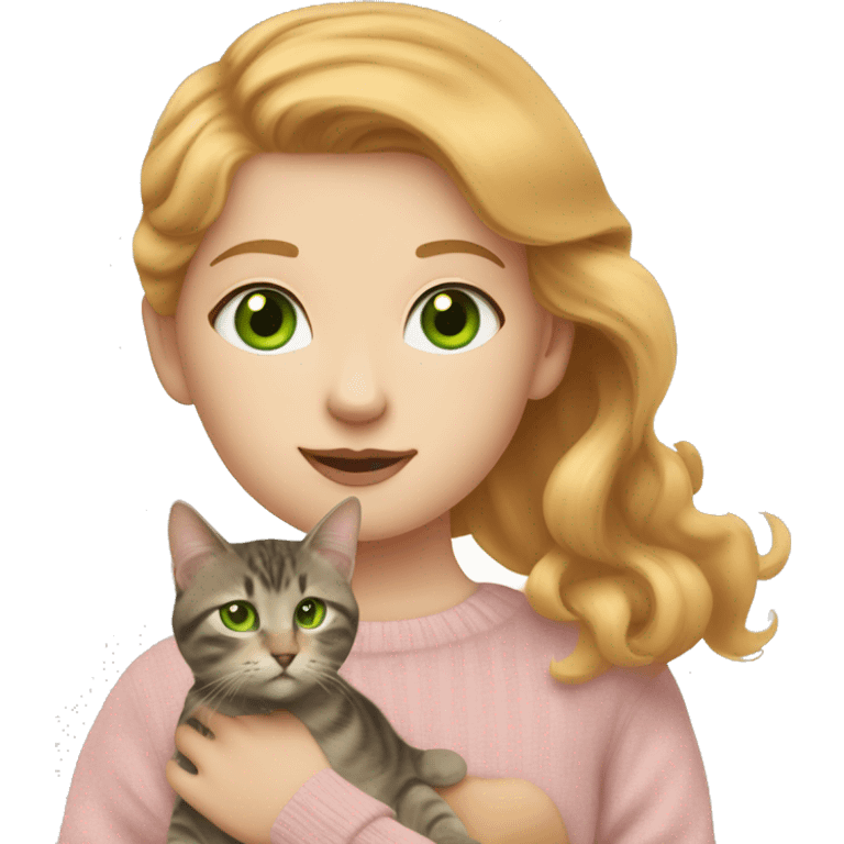 strawberry blonde girl with green eyes wearing a pale pink sweater holding a brown and gray tabby cat with yellow eyes emoji