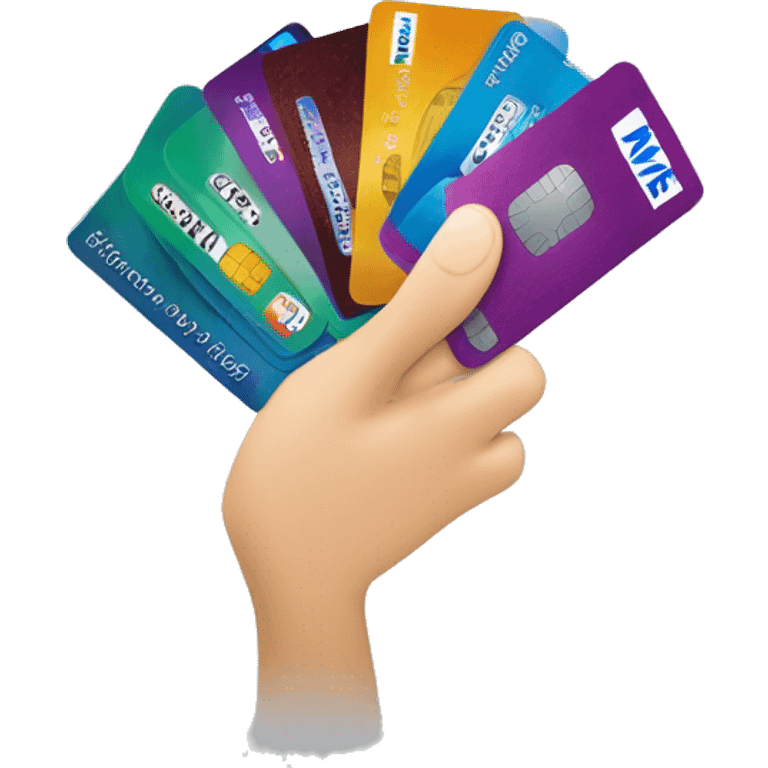 a hand spreading 5 credit cards, emv chip, credit card, debit card, amex platinum, American express emoji