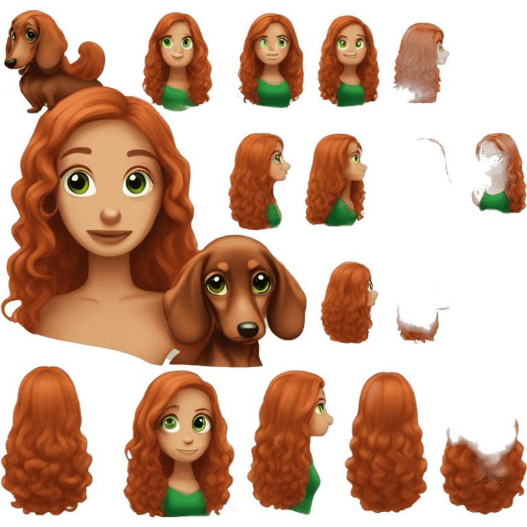 Créate an emoji of a red head long hair beautiful women with green eyes and her dark cream long hair dachshund  emoji