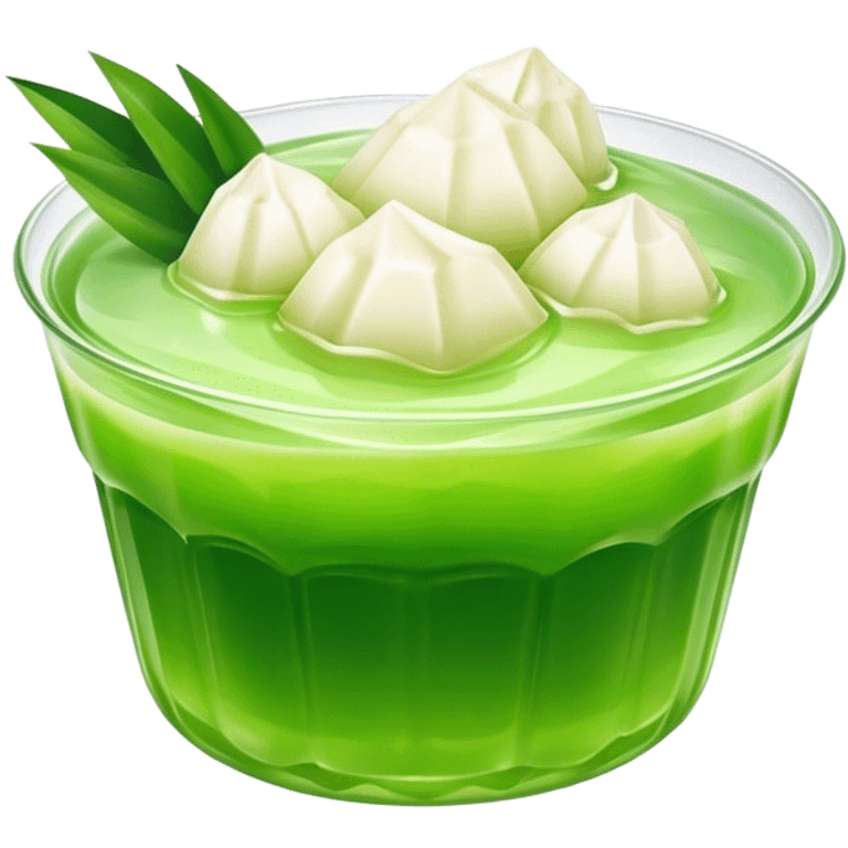 Cinematic Realistic Coconut Pandan Jelly Dessert Emoji, showcasing a delicate, translucent jelly infused with coconut and pandan rendered with lifelike detail and soft, tropical lighting. emoji