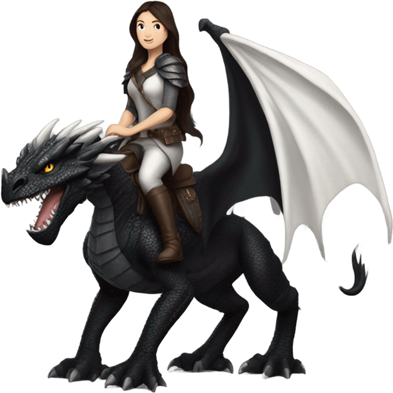 Determined and beautiful armored White Woman with dark brown long hair riding on the back of a giant black dragon emoji