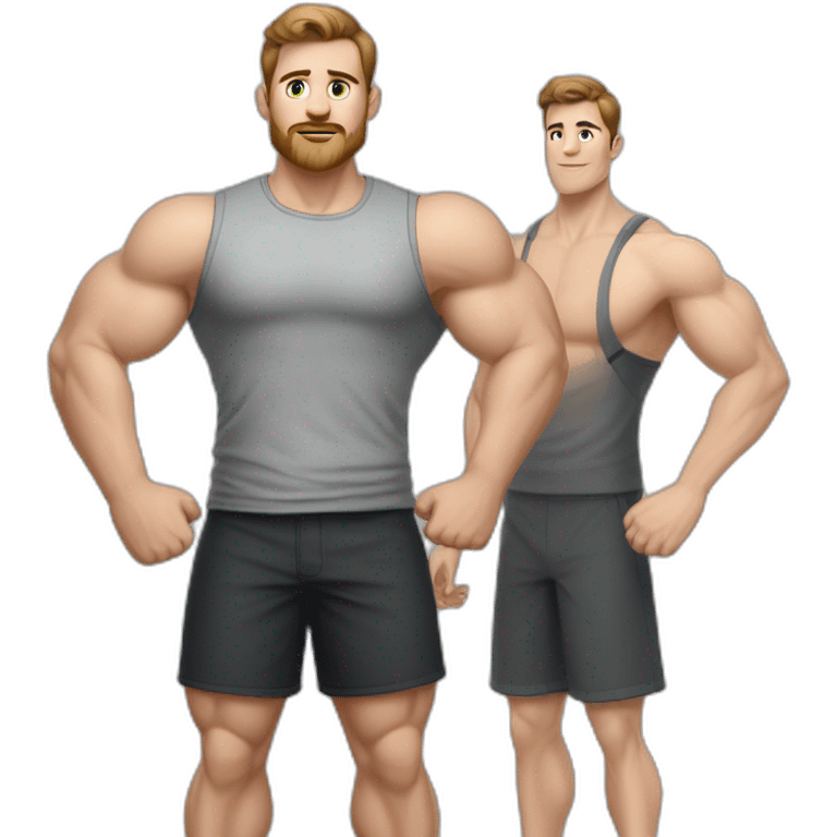 Full height realistic Actively gesturing with hands Pale skinned Fit Man With the biceps and brown hair in dark gray Sleeveless Mike, black oversize sports shorts, watch and white Sneakers emoji