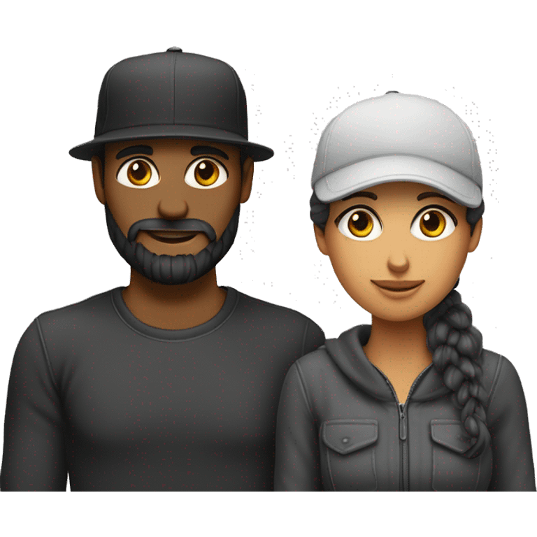 una mujer cabello negro y un hombre canoso barbudo con gorra puesta abrazándose como amigos emoji