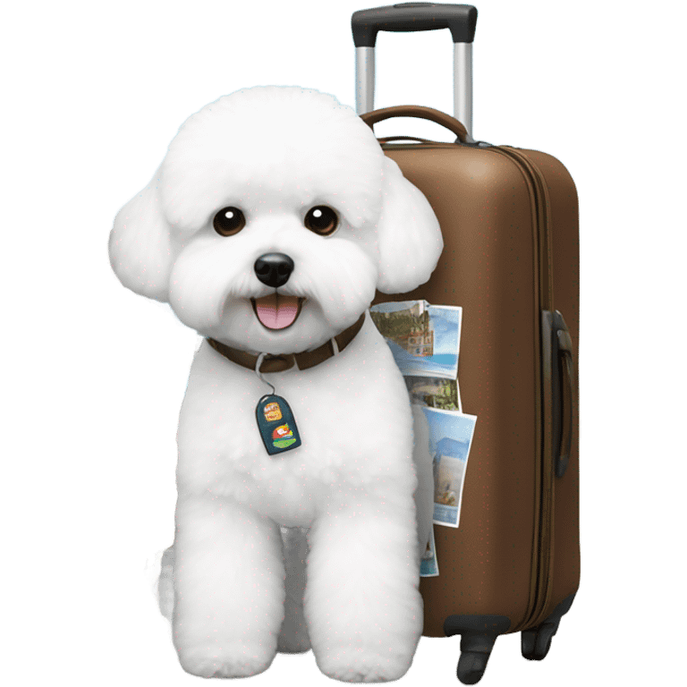 A world traveler, Bichon Frise, with a suitcase filled with iconic places stickers on the suitcase  emoji