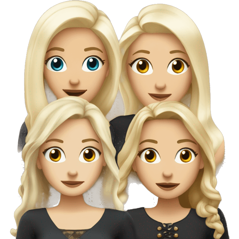 Four beautiful white european girls, one with blond hair and two dark blond hair in dresses have coffee emoji