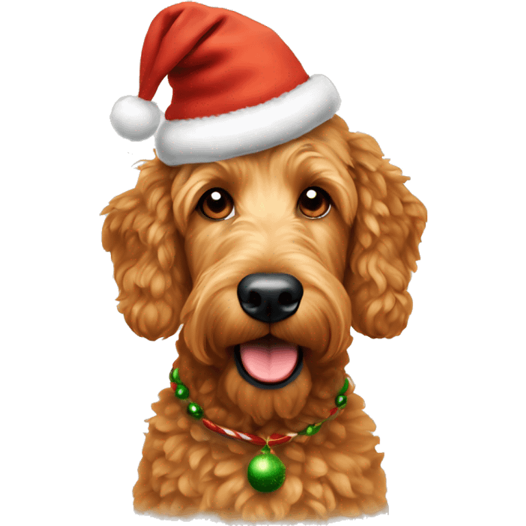 Golden Irish doodle dog wearing a Christmas hat emoji