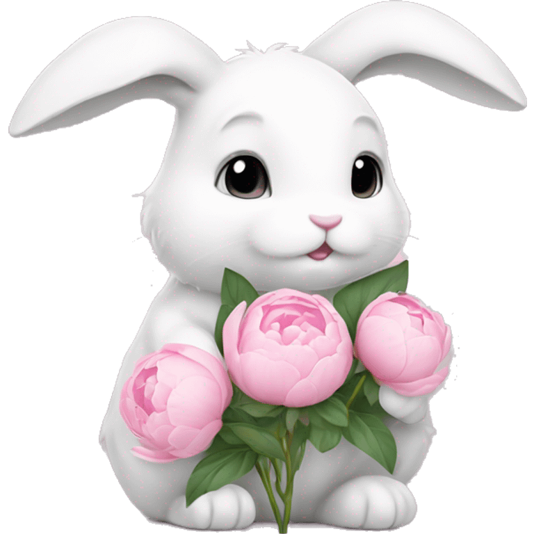 cute white bunny holding light pink peonies emoji