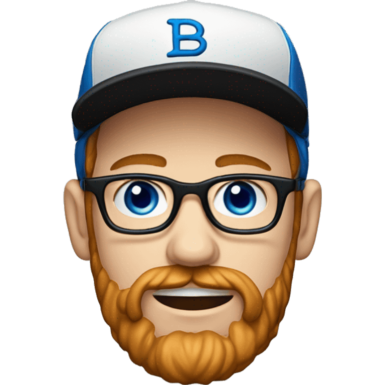 30 years old. male. short curly red hair, glasses, black baseball hat, blue eyes, pale complexion, thick beard and thin mustache emoji