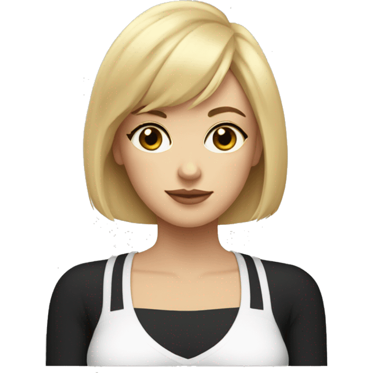 Mom with shorter blond hair and bangs laying with black kitty with white chest emoji